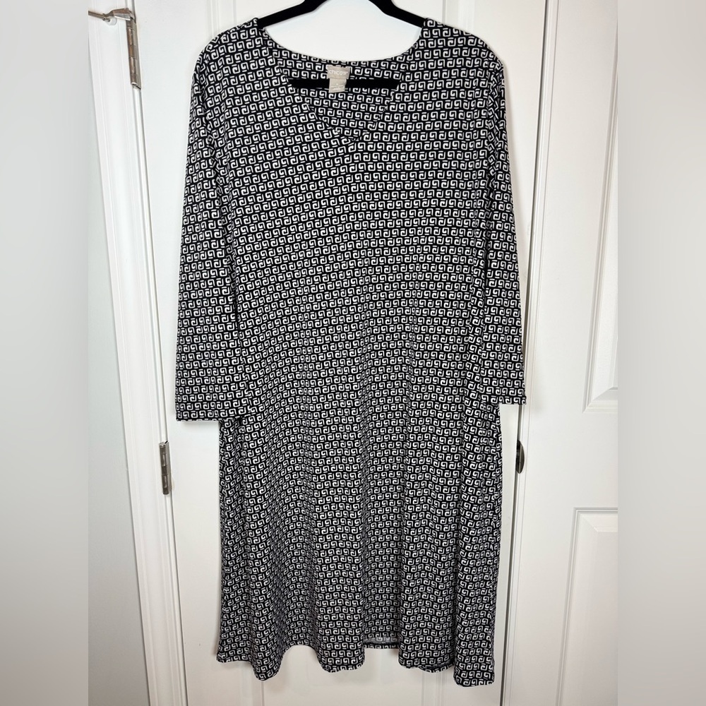 Chico’s Geometric Swing Dress Black White Size 4 20/22W Classic Work Travel